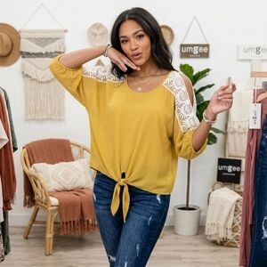 Umgee Mustard Lace-Shoulder Tie-Front Tunic